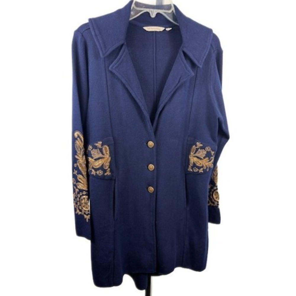 Soft Surroundings Cardigan Women's Size Small Navy Gold Embroidered Long Elegant